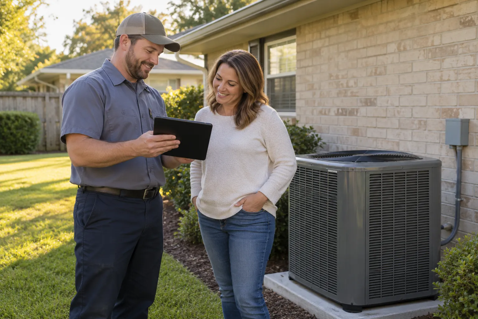 A friendly provider and a homeowner reviewing a new outdoor AC unit beside a home in the Dayton area