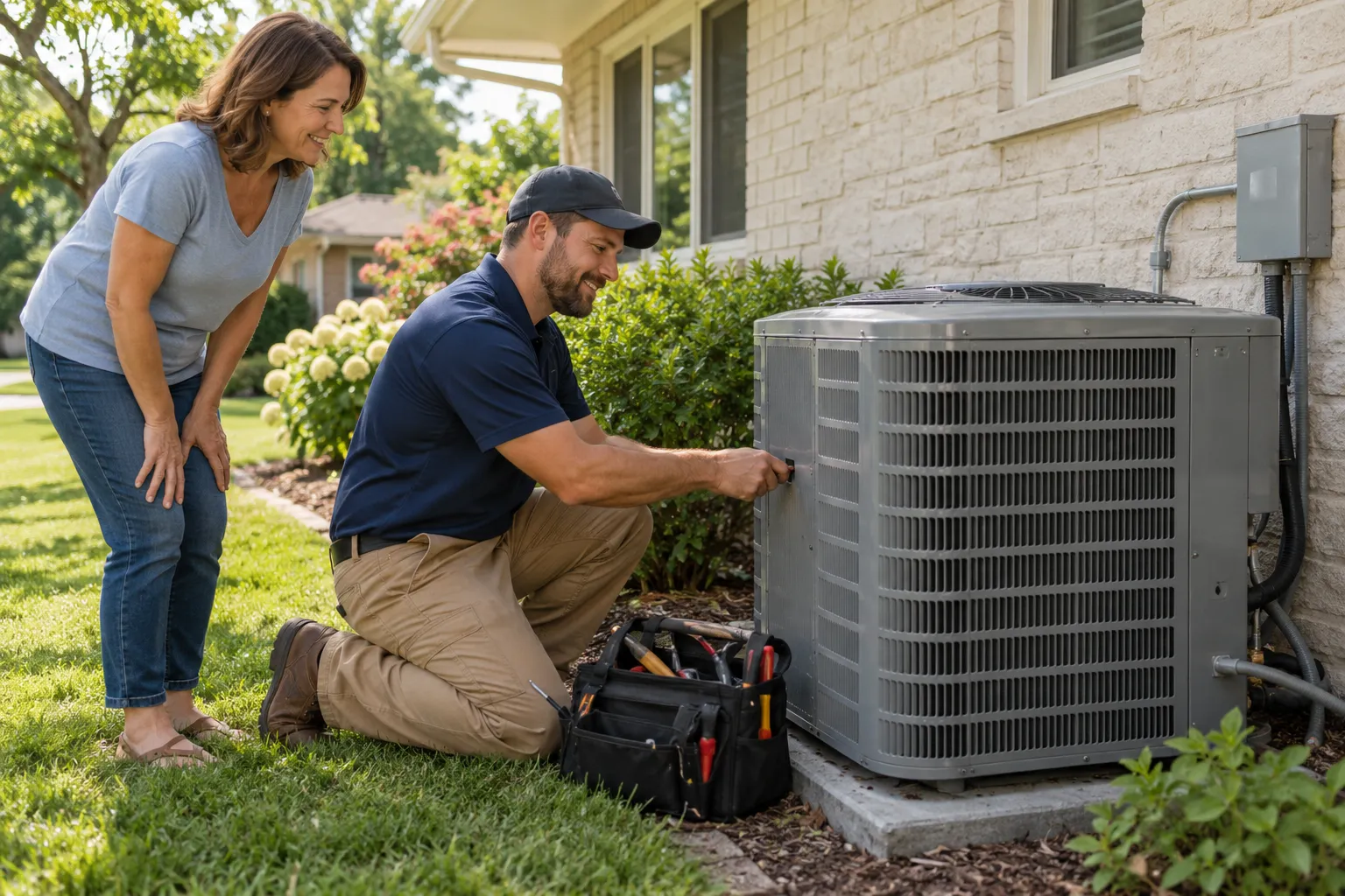 Friendly HVAC provider inspecting an outdoor AC unit in the Dayton area